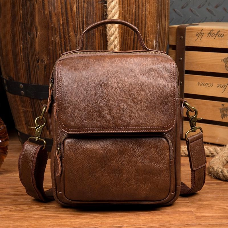 Cool Brown Leather 10 inches Vertical Small Briefcase Side Bags Messenger Bag Courier Bag for Men Light Carry Portable Comfort