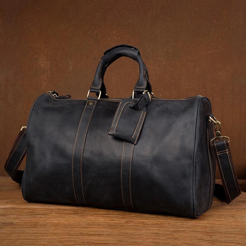 Folded Shape Crowd Ready Cool Brown Leather 16 inches Black Shoulder Weekender Bag Travel Bags Duffle luggage Bag for Men