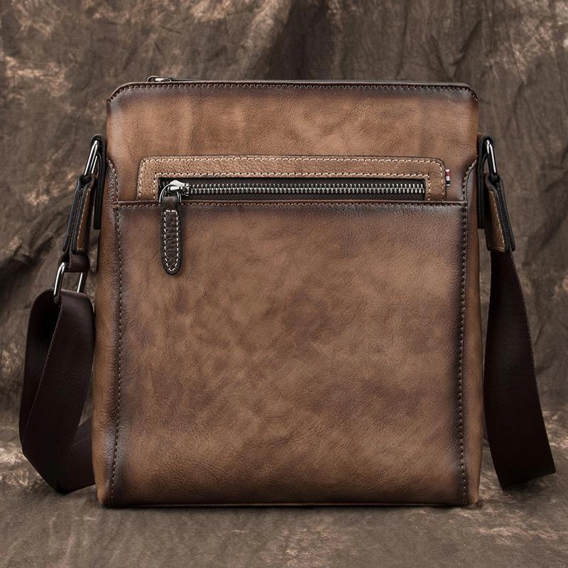 Stylish Gear Cool Brown Leather Men's 10 inches Vertical Side Bag Blue Business Messenger Bag Courier Bag For Men