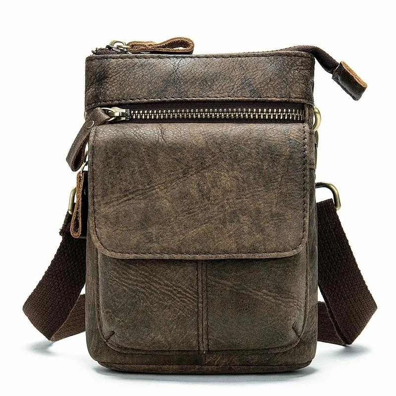 Cool Brown Leather Men's Belt Pouch Cell Phone Holster Small Belt Bag Mini Messenger Bag Side Bag For Men Flexible Design Modern Carry