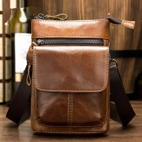 Comfort Function Cool Brown Leather Men's Belt Pouch Cell Phone Holster Small Belt Bag Mini Messenger Bag Side Bag For Men