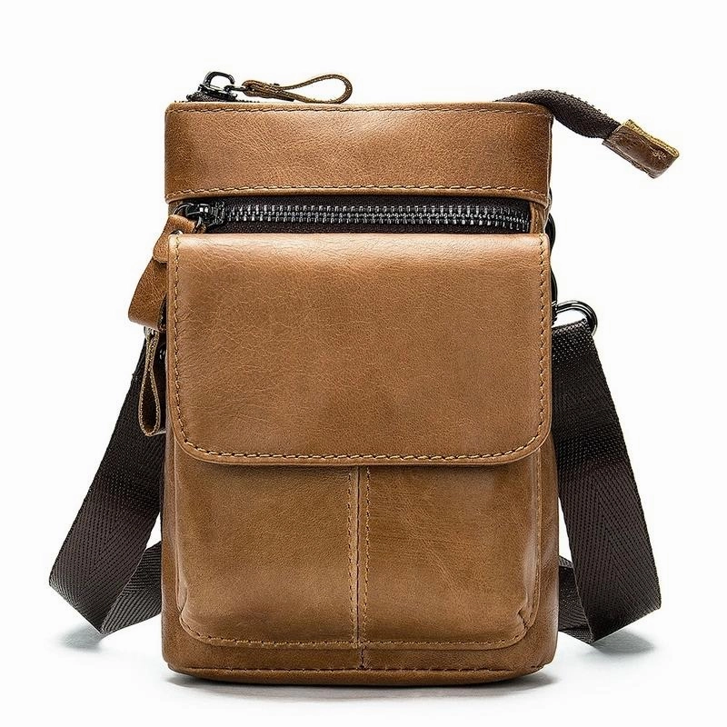 Secure Closure Cool Brown Leather Men's Belt Pouch Cell Phone Holster Small Belt Bag Mini Messenger Bag Side Bag For Men