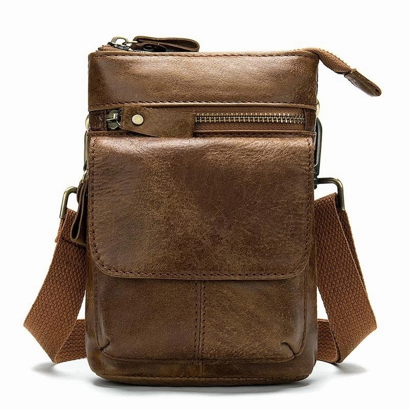 Cool Brown Leather Men's Belt Pouch Cell Phone Holster Small Belt Bag Mini Messenger Bag Side Bag For Men Casual Companion