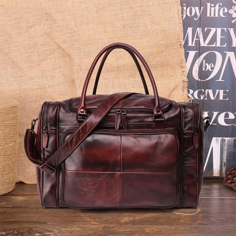 Functional Hold Cool Brown Leather Mens 15" Large Weekender Bag Black Business Travel Bag Tan Duffle Bag for Men