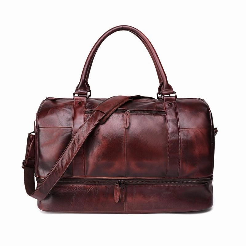 Stylish Look Sleek Companion Cool Brown Leather Mens  23" Large Weekender Bag Black Business Travel Bag Duffle Bag for Men
