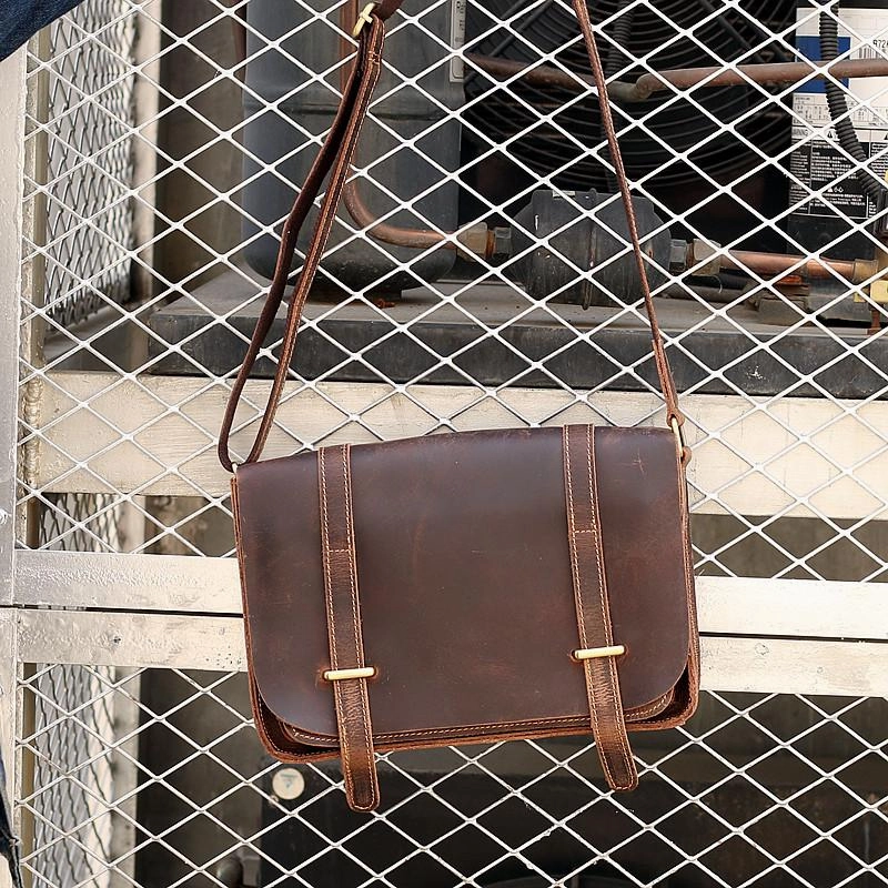Portable Solution Casual Journey Cool Brown Leather Mens Casual 10" Courier Bags Messenger Bag Brown Postman Bag For Men