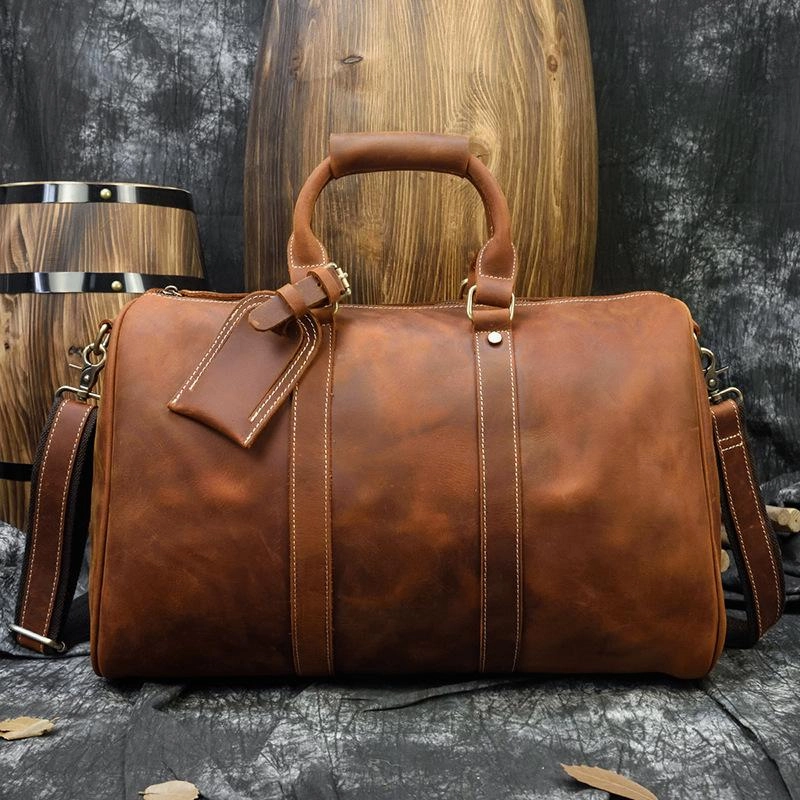 Cool Brown Leather Mens Weekender Bag Dark Coffee Travel Duffle Bag for Men Comfortable Design