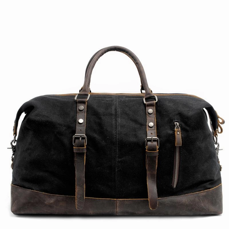 Cool Canvas Leather Mens Black Travel Weekender Bag Waterproof Duffle bag for Men All-Purpose Travel Bag Industry Event
