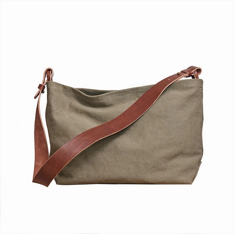 Comfort Accessory Cool Canvas Leather Mens Side Bag 14 inches Green Canvas Courier Bags Canvas Messenger Bag for Men