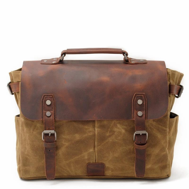 Weekend Companion Compact Travel Cool Canvas Leather Mens Side Bag Black Shoulder Bag Khaki Messenger Bag for Men
