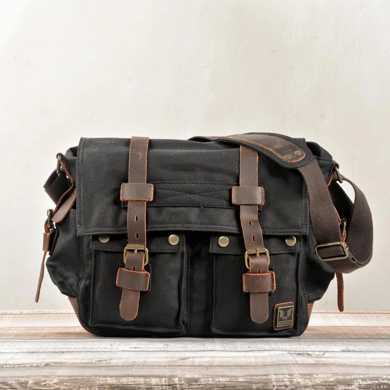 Cool Canvas Leather Mens Waterproof Black Side Bag Courier Bag Blue Messenger Bag for Men Simple Function Minimalist Appeal