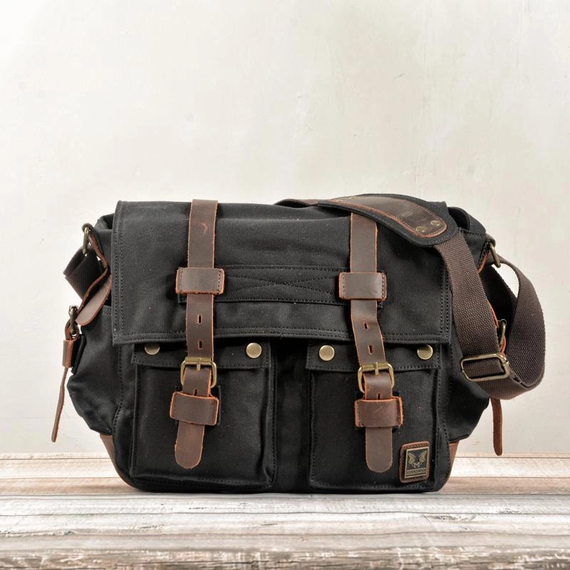 Daily Gear Cool Canvas Leather Mens Waterproof Black Side Bag Courier Bag Blue Messenger Bag for Men