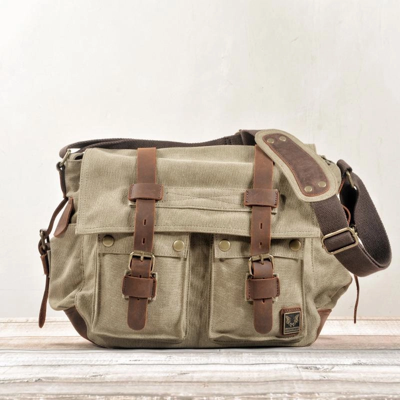 Trendy Travel Cool Canvas Leather Mens Waterproof Black Side Bag Courier Bag Blue Messenger Bag for Men