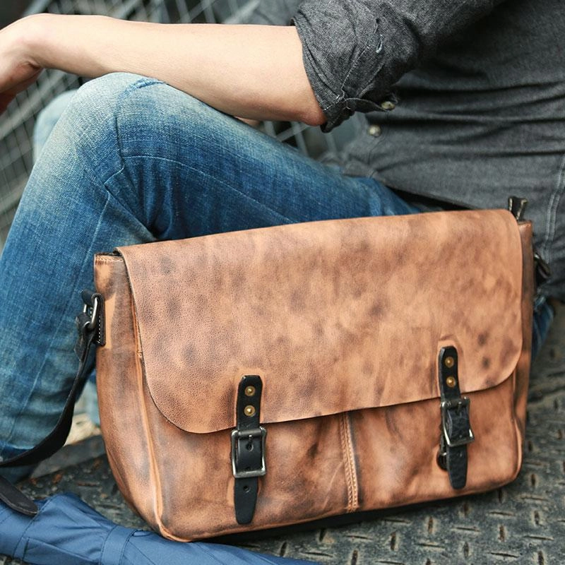 Smart Organizer work commute Cool Handmade Vintage Leather Mens Messenger Bags Shoulder Bag for men
