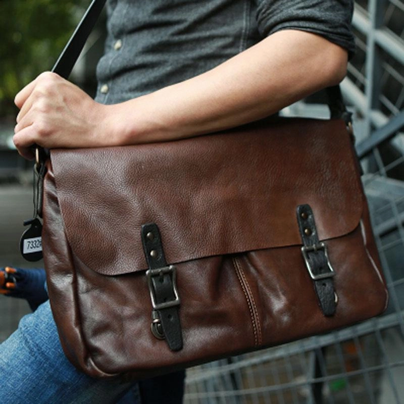 Cool Handmade Vintage Leather Mens Messenger Bags Shoulder Bag for men Classic Shape