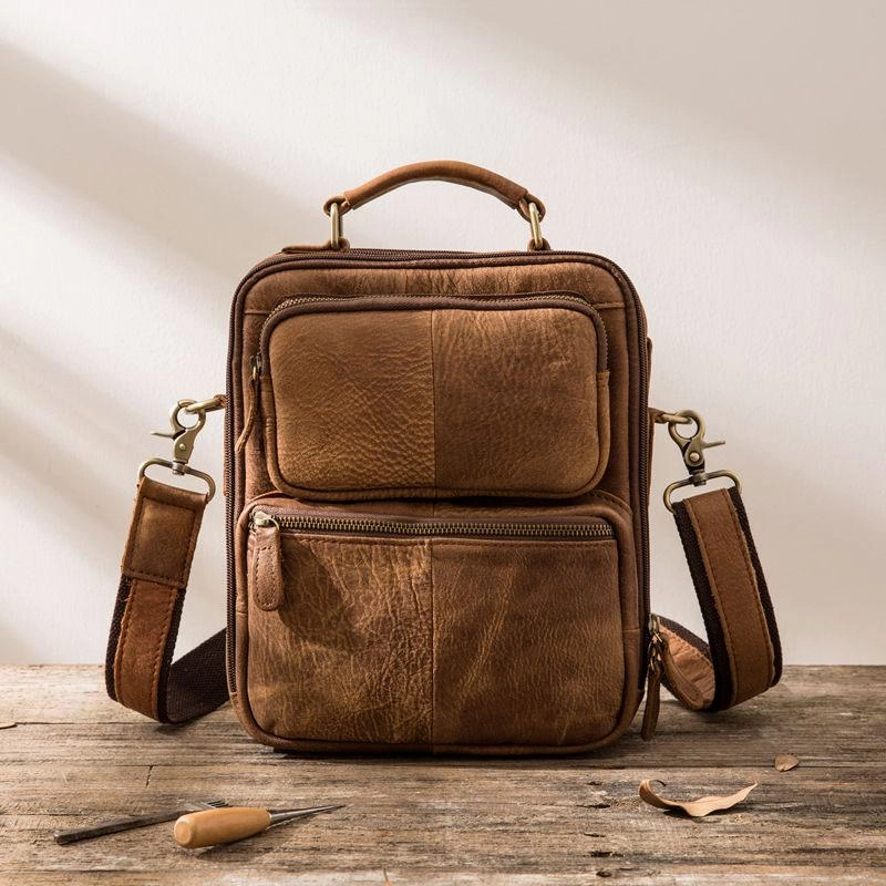 Cool Leather Brown Small Mens Messenger Bag Vintage Shoulder Bag  for Men Simple Form