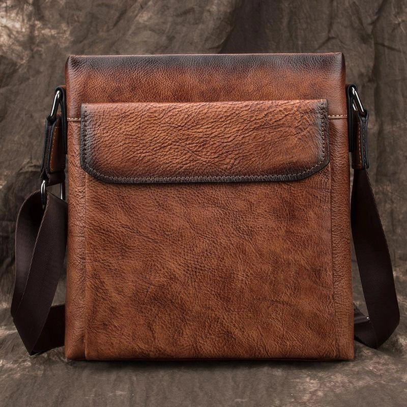 Cool Leather Men's 10 inches Courier Bag Brown Small Vertical Messenger Bag Brown Side Bag For Men Smart Travel
