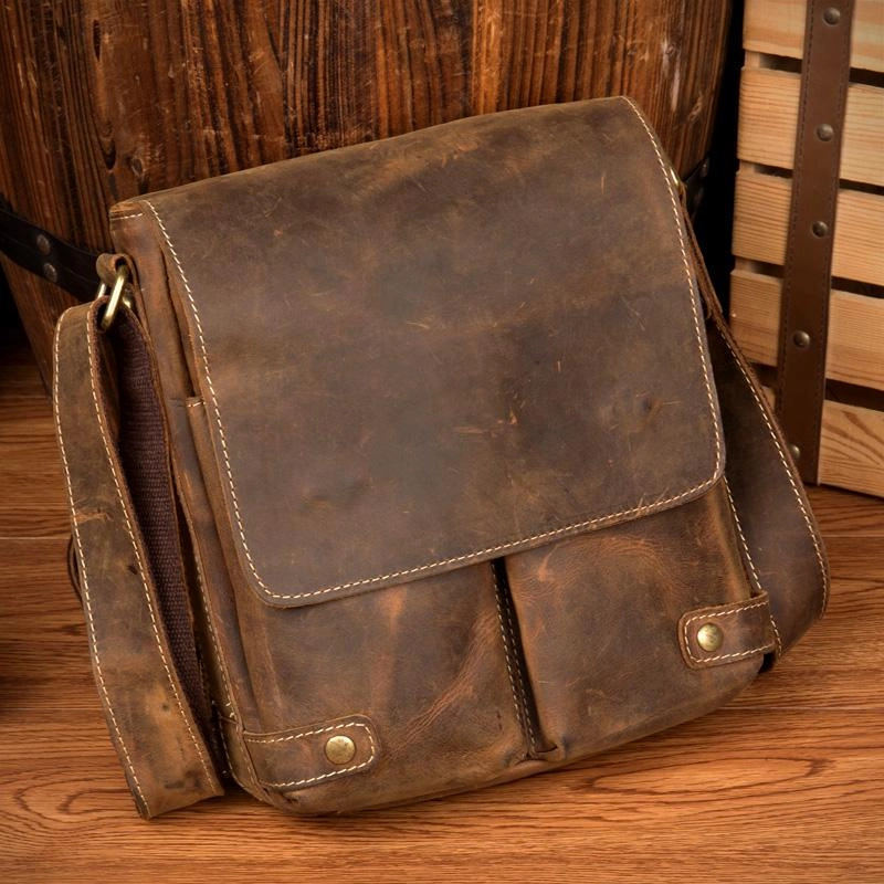 Cool Light Brown Leather 10 inches Mens Small Vertical Messenger Bags Courier Bag Postman Bag for Men Comfort Everyday
