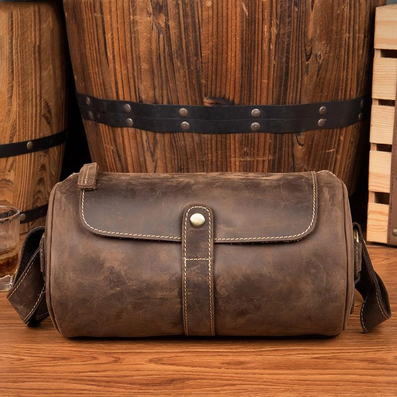 Cool Mens Brown Leather Small Barrel Messenger Bag Bucket Courier Bags for Men Durable Function