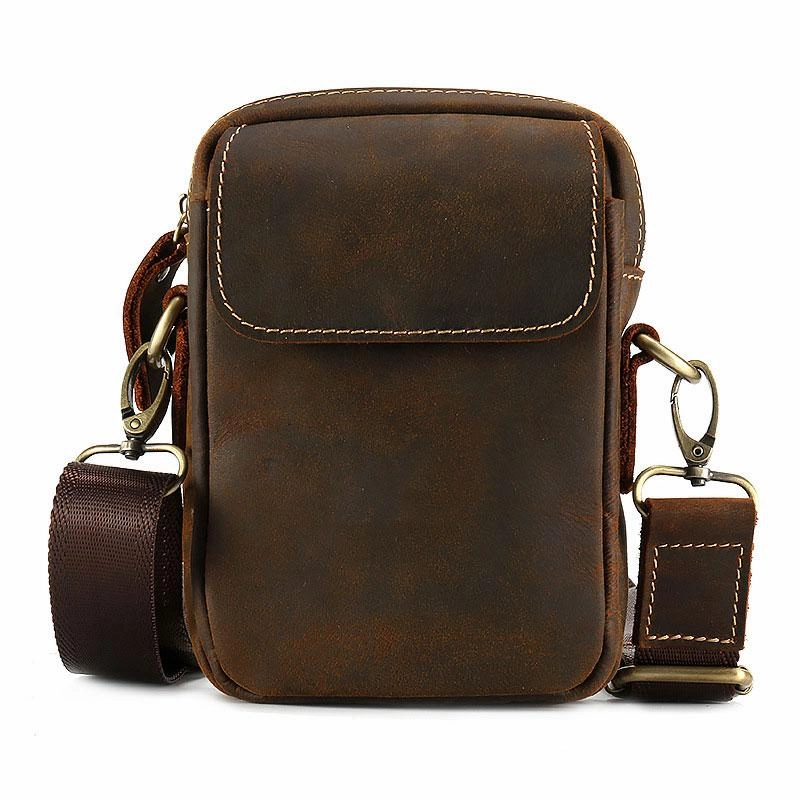Cool Vintage Dark Brown Leather Mens Belt Pouch Small Side Bag Messenger Bag For Men Functional Comfort