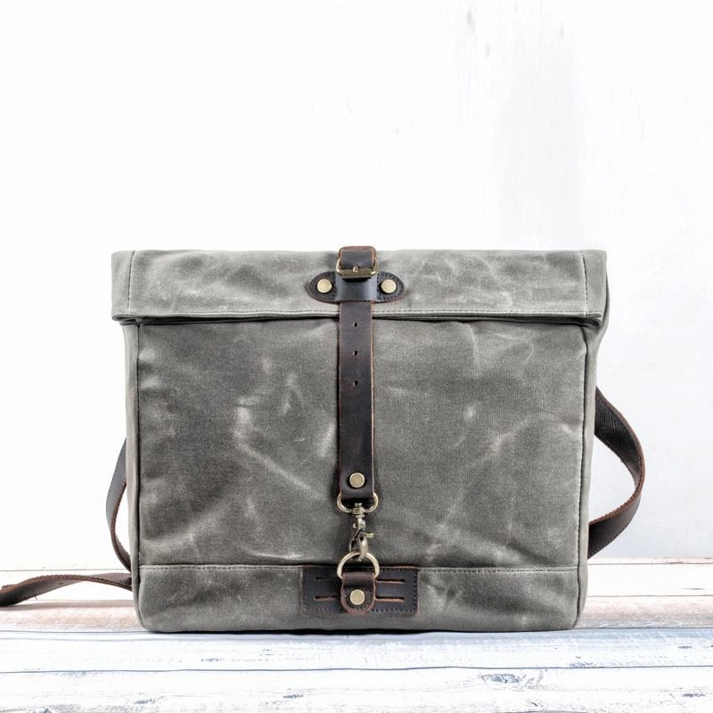 Everyday Style Cool Waxed Canvas Leather Mens 14'' Messenger Bag Motorcycle Side Bag Handbag For Men