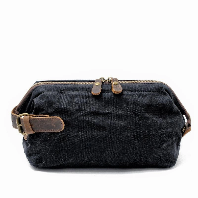 Cool Waxed Canvas Leather Mens Black Clutch Bag Handbag Phone Bag Wash Bag For Men Distinctive Spirit