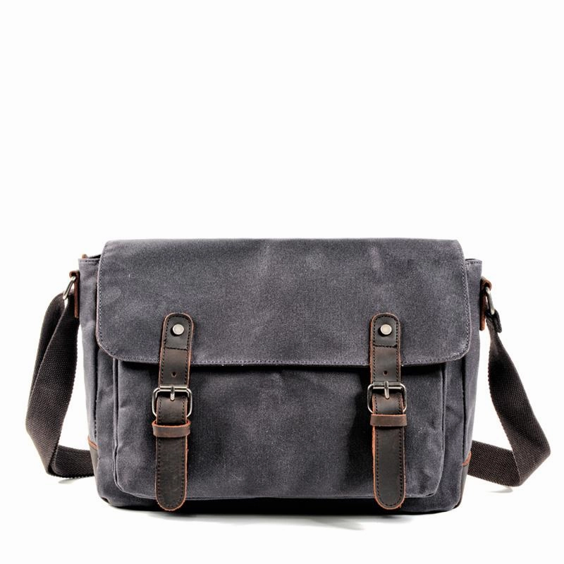 Cool Waxed Canvas Leather Mens Gray Casual Waterproof Side Bag 12'' Messenger Bag For Men Versatile Comfort Classic Functionality