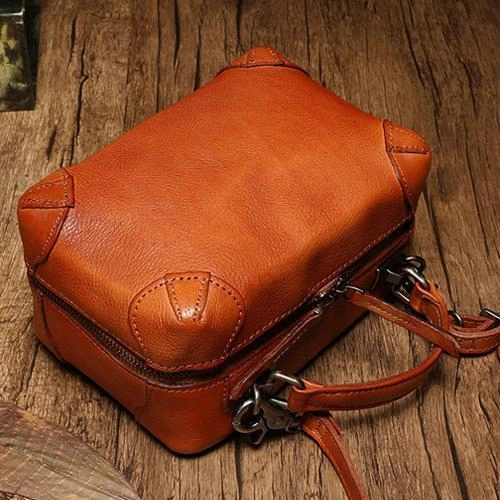 Brown Womens Leather Satchel Handbag Cube Square Box Satchel Handbag Purse for Ladies Classic Craftsmanship Weekend Casual