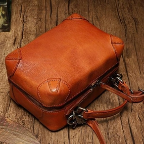 Removable Strap Brown Womens Leather Satchel Handbag Cube Square Box Satchel Handbag Purse for Ladies