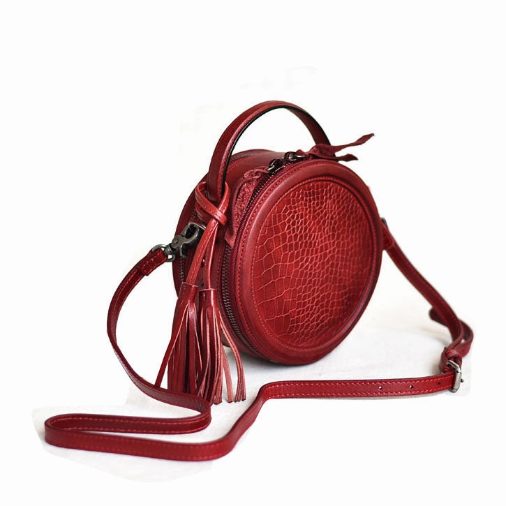 Zip Closure Womens Red Leather Round Crossbody Bag Crocodile Pattern Vintage Round Handbag Shoulder Bag for Women