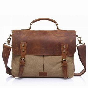 Cowhide Leather and Canvas Bag Men Messenger Bag, Satchel Briefcase Vintage Crossbody Bag Shoulder Bag Women Laptop Bag Gifts For Him Outdoor Adventure Gear
