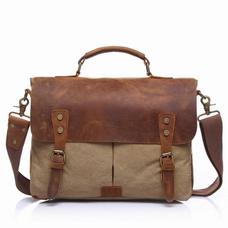 Cowhide Leather and Canvas Bag Men Messenger Bag, Satchel Briefcase Vintage Crossbody Bag Shoulder Bag Women Laptop Bag Gifts For Him Outdoor Adventure Gear