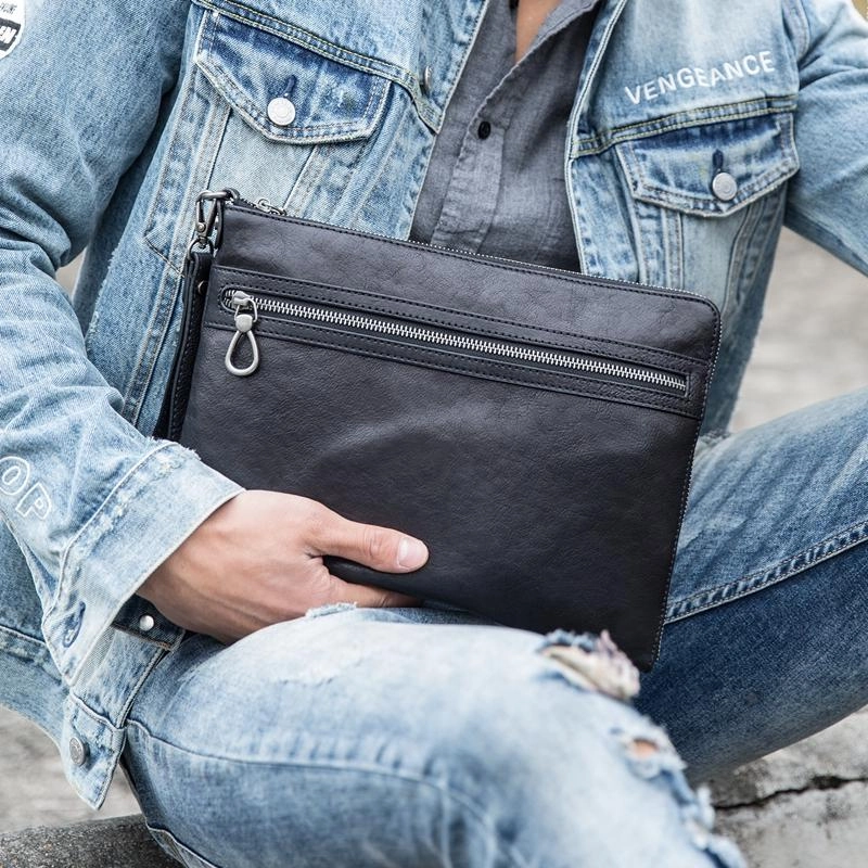 Black Cool Leather Mens Wristlet Bag Clutch Black Slim Messenger Bag Side Bag for Men Urban Journey