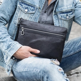 Black Cool Leather Mens Wristlet Bag Clutch Black Slim Messenger Bag Side Bag for Men Comfort Fit