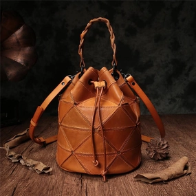 Cute Brown Leather Womens Bucket Shoulder Bag Green Handbag Barrel Bag for Ladies Iconic Shape Smart Outline