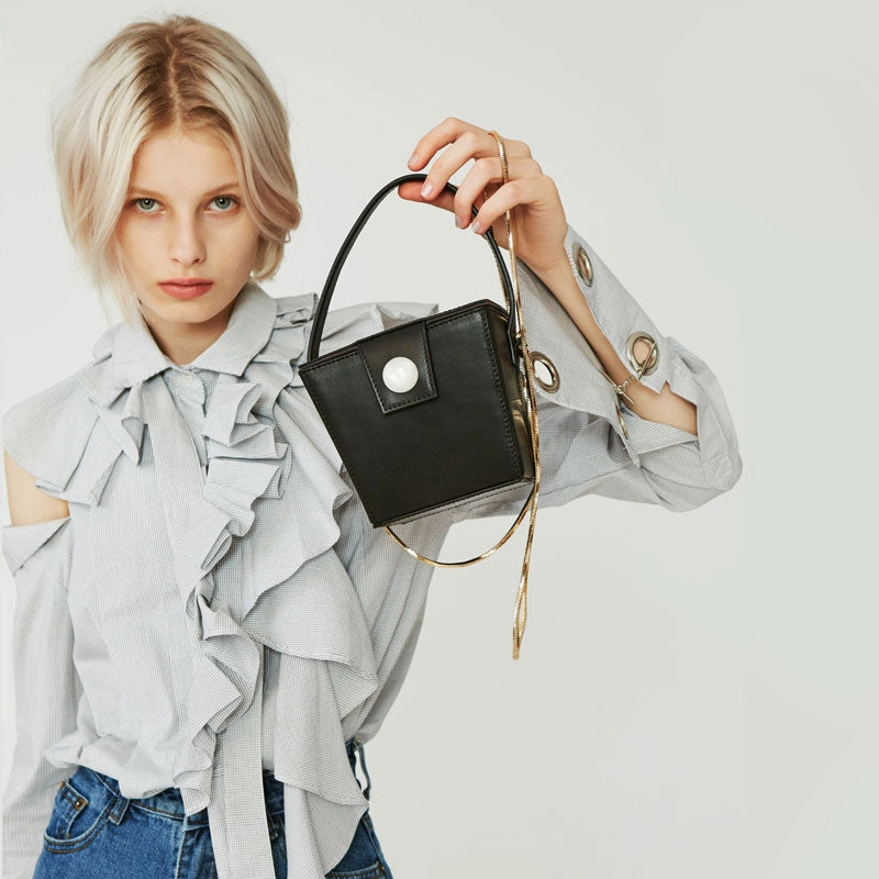 Cute Leather Black Womens Mini Box Purse Handbag Barrel Shoulder Bag for Women Practical Craft