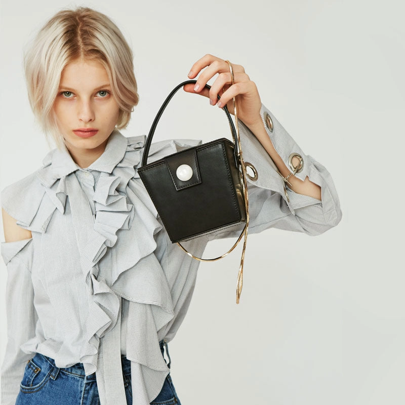 Cute Leather Black Womens Mini Box Purse Handbag Barrel Shoulder Bag for Women Daytime use Stylish Function