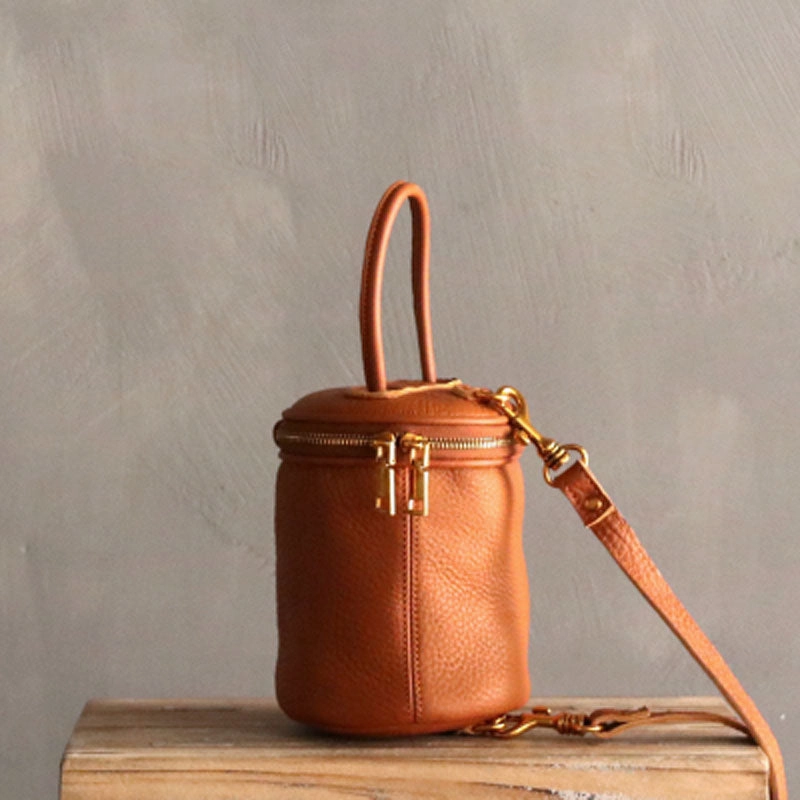 New Arrival Beige Cream Cute LEATHER WOMEN Barrel Bag Small Bucket Purse Handbag SHOULDER Purses FOR WOMEN