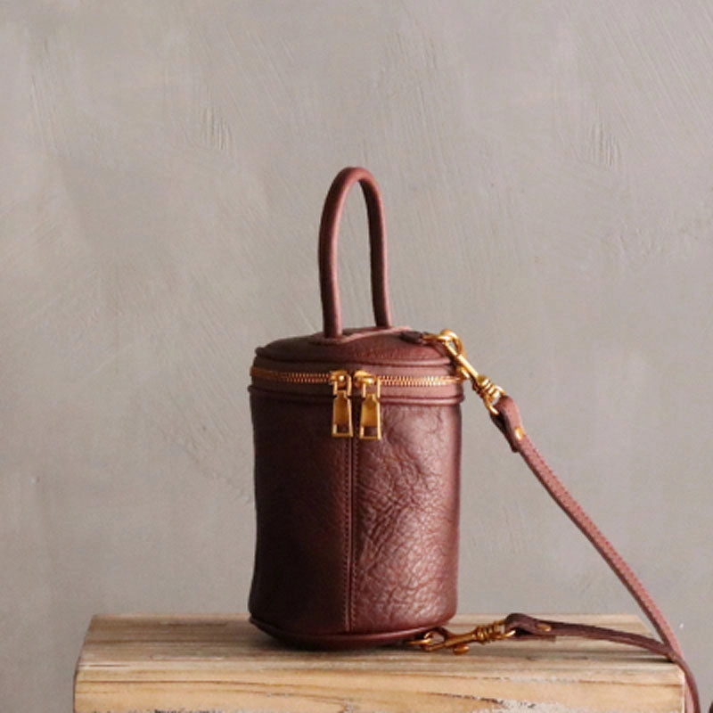 Cute LEATHER WOMEN Barrel Bag Small Bucket Purse Handbag SHOULDER Purses FOR WOMEN Golden Brown Aesthetic Engineering