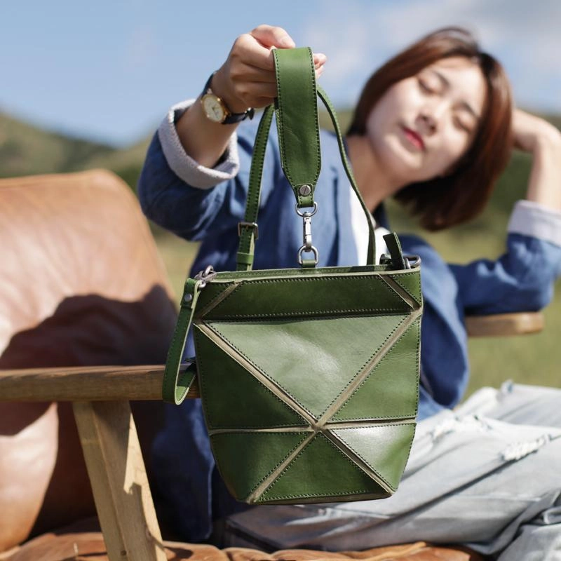 Cute Small Green Womens Leather Bucket Handbag Clutch Brown Leather Bucket Side Bag Shoulder Bag classic refinement Comfort Style