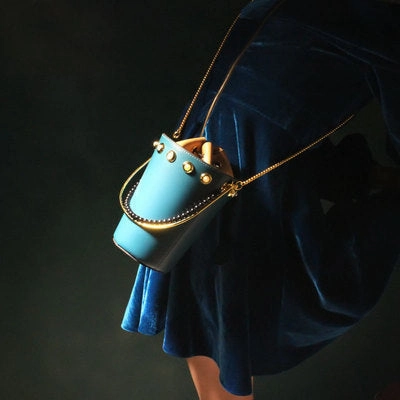 Cute Womens Blue Leather Barrel Chain Crossbody Purse Bucket Round Chain Shoulder Bag for Women Soft Durable Design Soft Folded Shape