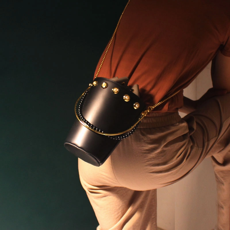 Cute Womens Blue Leather Barrel Chain Crossbody Purse Bucket Round Chain Shoulder Bag for Women Functional Everyday Fashion Elegant accessory