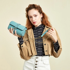 Daytime Casual Style Cute Womens Blue Leather Barrel Crossbody Purse Bucket Round Chain Shoulder Bag for Women