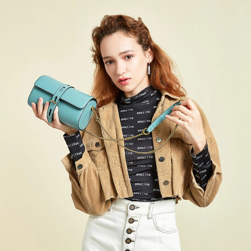 Daytime Casual Style Cute Womens Blue Leather Barrel Crossbody Purse Bucket Round Chain Shoulder Bag for Women