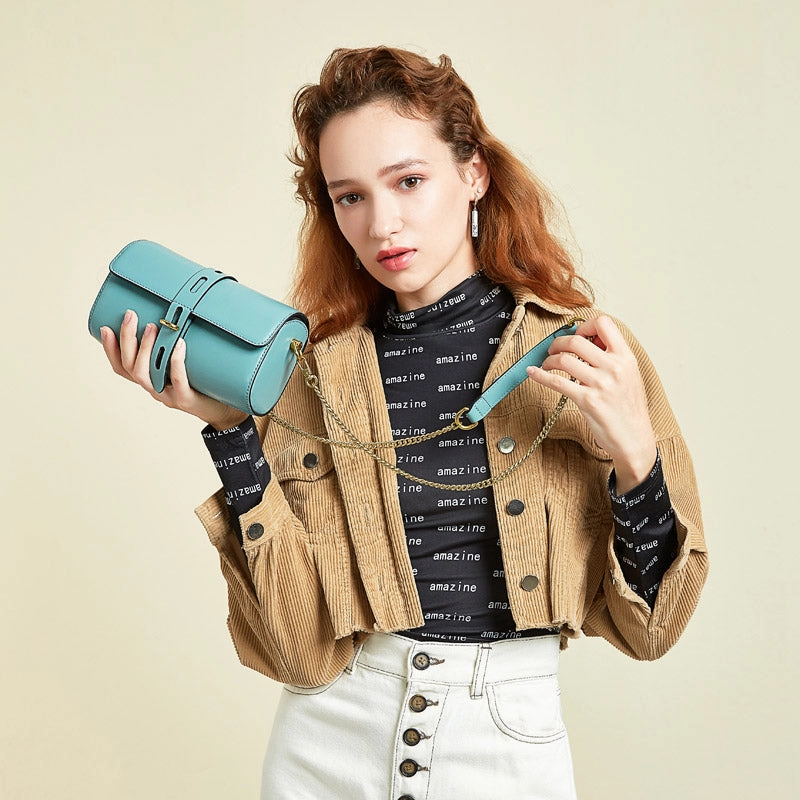Eco-Friendly Fabric Daily Organizer Cute Womens Blue Leather Barrel Crossbody Purse Bucket Round Chain Shoulder Bag for Women