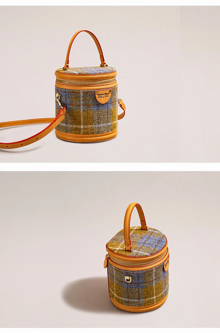 Modern Trend Cute Womens Blue Leather Tweed Bucket Handbag Barrel Crossbody Purse Handmade Round Shoulder Bag for Women