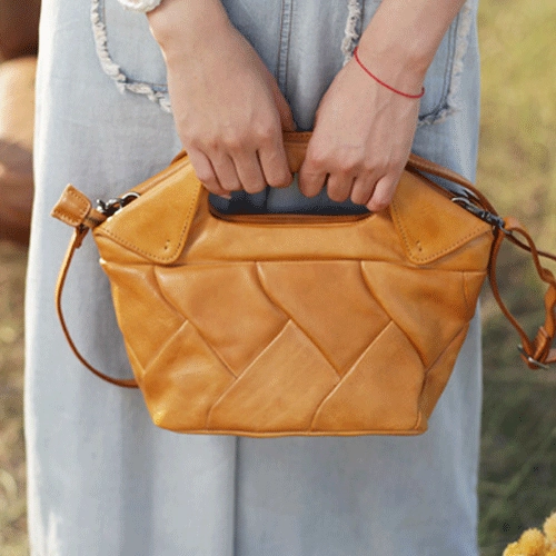 Outdoor Adventure Cute Womens Brown Leather Bucket Handbag Woven Weaved Brown Leather Side Purse for Womens