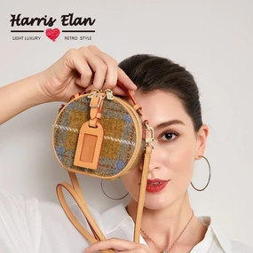 Cute Womens Mini Black Leather Tweed Round Handbag Crossbody Purse Handmade Round Shoulder Bag for Women Classic Weekend Timeless Spirit