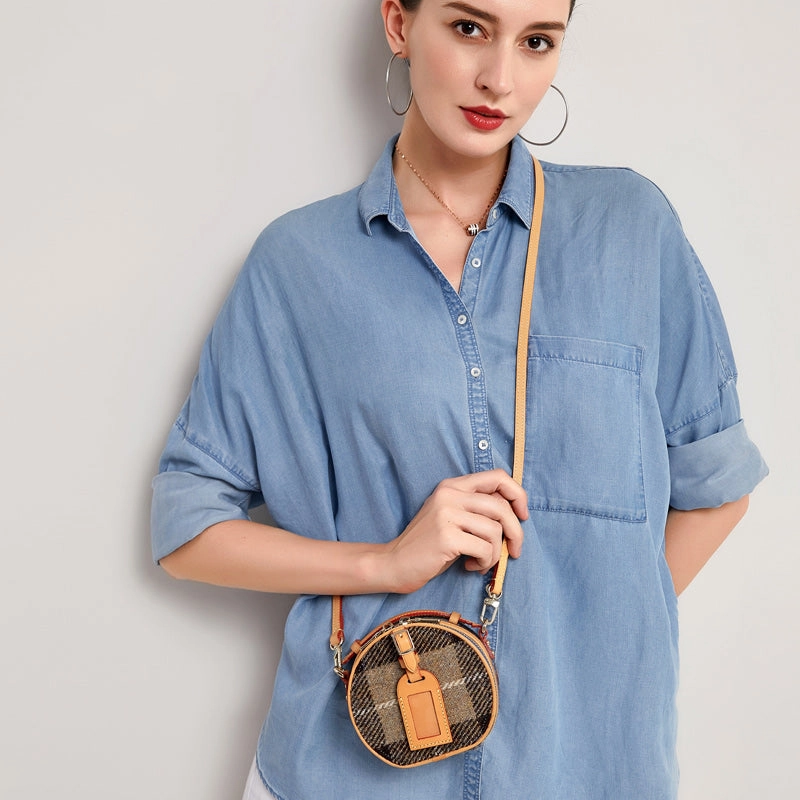 Classic Craft Portable Style Cute Womens Mini Blue Leather Tweed Round Handbag Crossbody Purse Handmade Round Shoulder Bag for Women