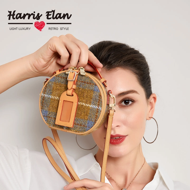 Classic Touch Cute Womens Mini Blue Leather Tweed Round Handbag Crossbody Purse Handmade Round Shoulder Bag for Women